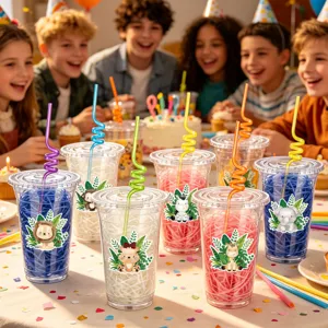 Details of cute animal theme plastic cups with straws for kids birthday party supplies