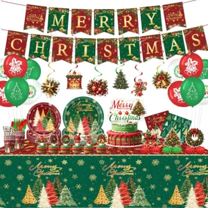 Kerstfeest decoratie set met banner ballonnen borden bekers en tafelkleed feestelijke artikelen