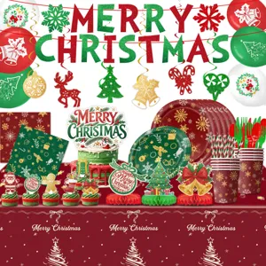 Kerstfeest Servies Decoratie Set Rood Groen Wegwerp Papieren Borden Bekers Servetten Tafelkleed Banner Vrolijk Kerstfeest Feestartikelen