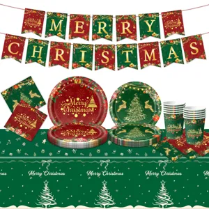 Weihnachts Party Deko Set mit Banner Pappteller Bechern Servietten und Tischdecke.