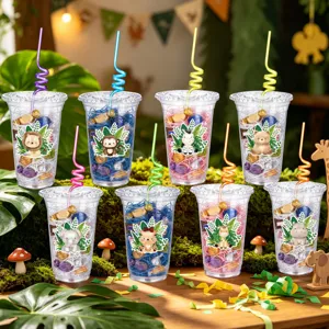 Kids jungle animal party plastic favor cups with colorful straws and candy fillers for birthdays.