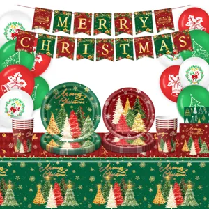 Kerstfeest decoratie set met banner borden kopjes tafelkleed en ballonnen feestartikelen