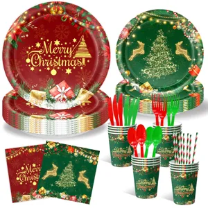 Weihnachtsparty Geschirr Set mit bunten Papptellern Bechern Servietten und Besteck