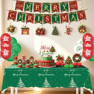 Weihnachtsfeier Dekoration Set mit Banner Luftballons Tischtuch und Kuchenaufsätzen für Feste.