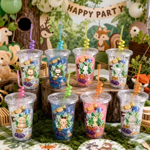 Kids jungle animal theme plastic cups with straws and stickers for birthday party supplies