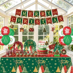 Kerstfeest feestdecoratie set inclusief banner ballonnen borden bekers tafellaken.