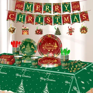Weihnachtsfeier Dekorationsset mit festlichem Banner Pappteller Bechern und Tischdecke.