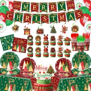Gedetailleerd overzicht van kerstfeestdecoratieset inclusief banners, feestservies en accessoires.