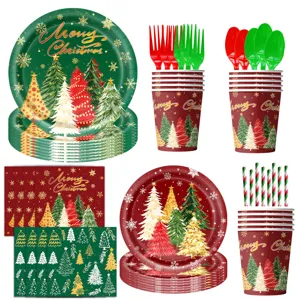 Kerstfeest servies set decoratieve borden bekers servetten rietjes feestartikelen set