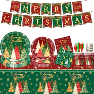 Kerstfeest servies decoratie set inclusief banner borden kopjes servetten voor feestdagen.