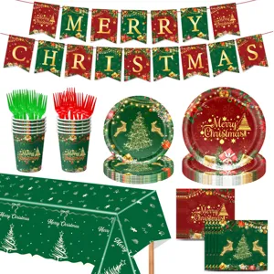 Weihnachtsfeier Deko Geschirr Set inklusive Banner Teller Becher Servietten und Tischdecke.
