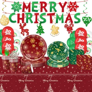 Kerstfeest servies set wegwerp papieren borden kopjes servetten tafelkleed decoratie