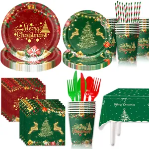 Weihnachten Party Geschirr Set mit Tellern Bechern Servietten Tischtuch und Besteck fur Feiertag.