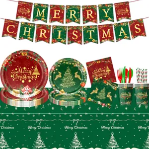 Weihnachtsfeier Dekoration Set mit Banner, Pappteller, Bechern und festlicher Tischdecke.