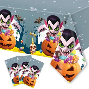 Halloween waterproof plastic tablecloth detail featuring vampire and pumpkin print.