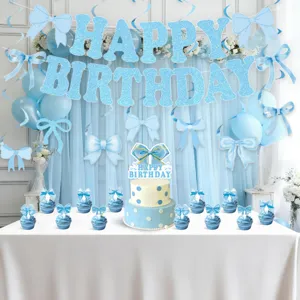 Blauwe Strik Verjaardag Feest Decoratie Banner Taart Topper Cupcake Toppers Set Prachtig