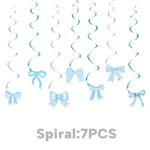 Blauwe strik hangende spirale decoraties set van 7 stuks voor verjaardagsfeestje.
