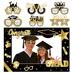 Accessori photobooth laurea 2026 festa decorazione occhiali cornice foto nero oro