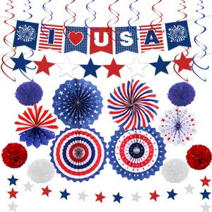 USA Unabhängigkeitstag Party Dekoration Set mit bunten Hängespiralen und Fächern