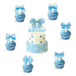 Blauwe strik verjaardag taart topper set met schattige cupcake toppers voor feest decor.