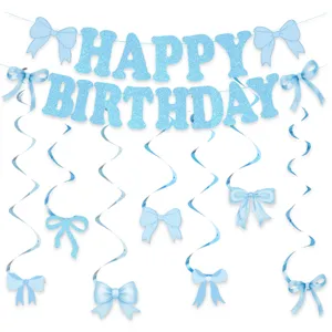 Blauwe glitter gelukkige verjaardag banner feestdecoratie set met schattige strikken.