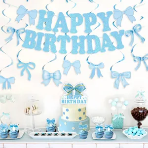 Blauwe Strik Thema Verjaardagsfeest Decoratie Set Happy Birthday Banner Spiraal Hangers Taart Toppers Voor Kinderfeest