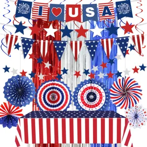 Amerikanische Unabhaengigkeitstag Party Dekoration Set mit Papierfaechern Bannern und Tischdecke
