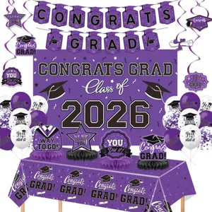 2026 ensemble de decoration de fete de graduation violet avec banniere et ballons.