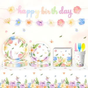 Vlinder Bloemen Verjaardagsfeest Servies Set Aquarell Wildbloemen Wegwerp Papieren Borden Servetten Bekers Tafelkleed Banner Feestversieringen Voor Lente Afternoon Tea