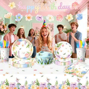 Lente bloem vlinder verjaardag feest servies set inclusief papieren borden en bekers.