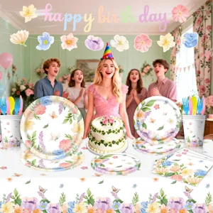 Lente bloem vlinder verjaardag feest servies set papieren borden bekers en banner