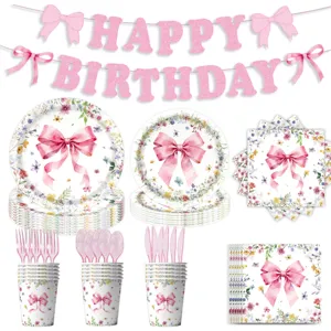 Ensemble de vaisselle de fête d'anniversaire floral à nœud rose assiettes tasses bannière