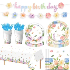 Lente bloem vlinder verjaardag feest servies set papieren borden bekers tafelkleed
