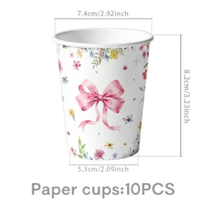 Gobelets en papier à nœud rose et fleurs pour décoration de fête, paquet de 10 pièces.