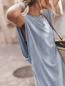 Light blue casual sleeveless maxi dress detail shot, featuring a comfortable round neckline.