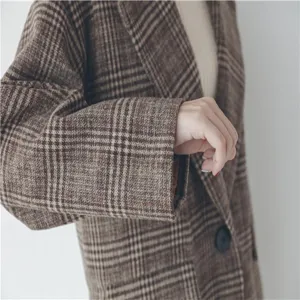 Women plaid wool coat winter thick warm plaid overcoat elegant casual outerwear detail shot