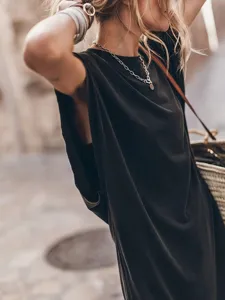 Black crew neck split long dress, casual short sleeve maxi dress for summer styling.
