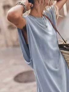Light blue crewneck split long dress, casual loose sleeveless summer beach maxi dress.