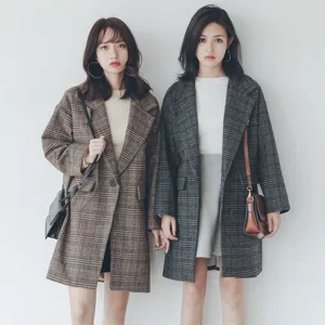 Women's Mid-Length Plaid Woolen Coat Autumn Winter Korean Style Padded Thickened Houndstooth Overcoat Loose Fit Lapel Jacket