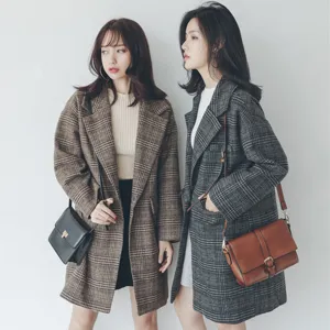 Women plaid woolen coat winter thick long trench jacket retro casual outerwear chic check top