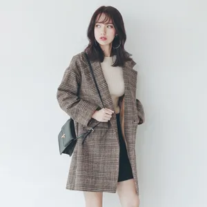 Stylish women's mid-length plaid wool coat autumn winter thick warm plaid woolen overcoat