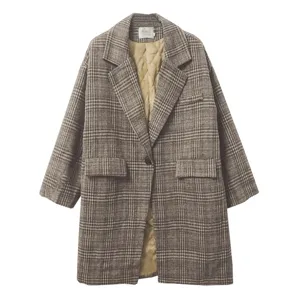 Women's medium-long plaid wool blend coat with quilted lining, single-button closure.