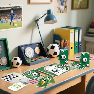 Primo piano dettagliato del mini taccuino a spirale a tema calcistico sulla scrivania degli studenti.