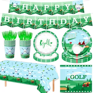 Golf Motto Party Deko Set mit Geburtstag Banner Pappteller Bechern und Tischdecke fur Feiern.