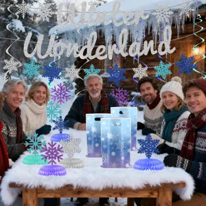 Set decorazioni per feste a fiocco di neve blu con sacchetti regalo e sfere a nido d'ape.