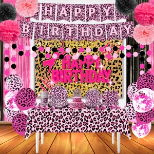Rosa Leopardenmuster Geburtstag Party Deko Set mit Banner Luftballons und Pappteller Set.