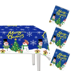 Disposable Christmas tablecloth blue PE table cover with snowman pattern holiday party decor