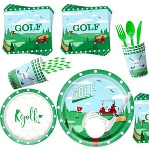 Golf Party Geschirr Set mit Tellern, Bechern, Servietten und Besteck für Sportgeburtstag.