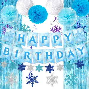 Set di decorazioni per feste di compleanno con fiocchi di neve blu, banner e tende.