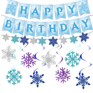Set decorazione festa di compleanno con fiocchi di neve blu, banner e spirali pendenti per feste.